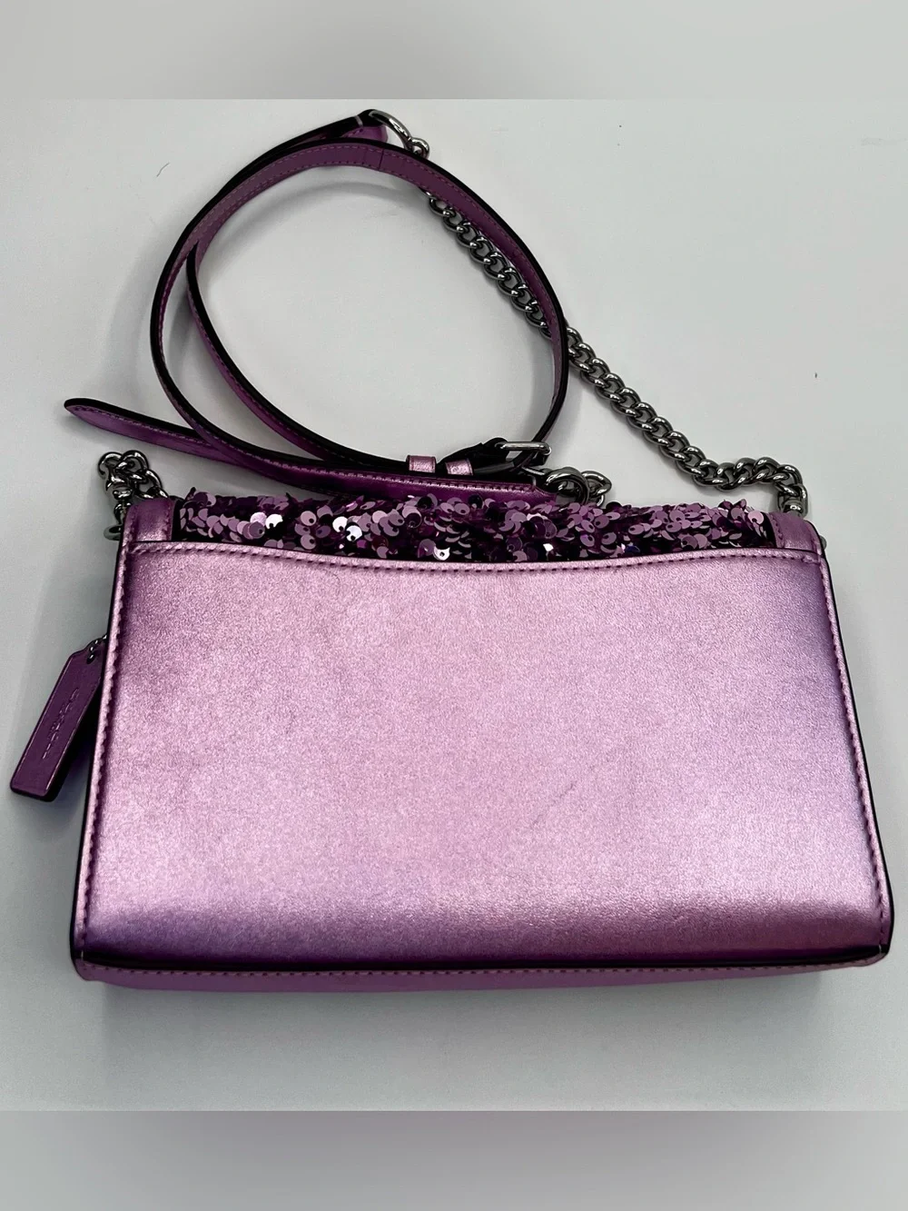 Coach Flap Clutch Crossbody Bag in Lilac Metallic Leather & Sequins